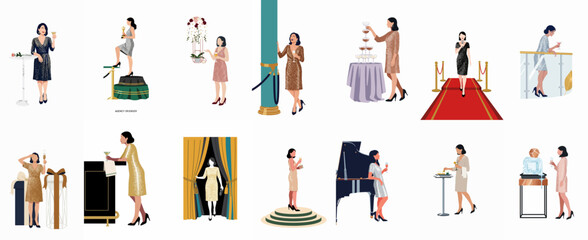 Collection of flat vector illustrations featuring elegant women in sequin dresses attending a glamorous gala, red carpet event, and social celebration. © Cristina