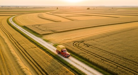 Fototapeta premium Tractor drives down rural road at sunset.