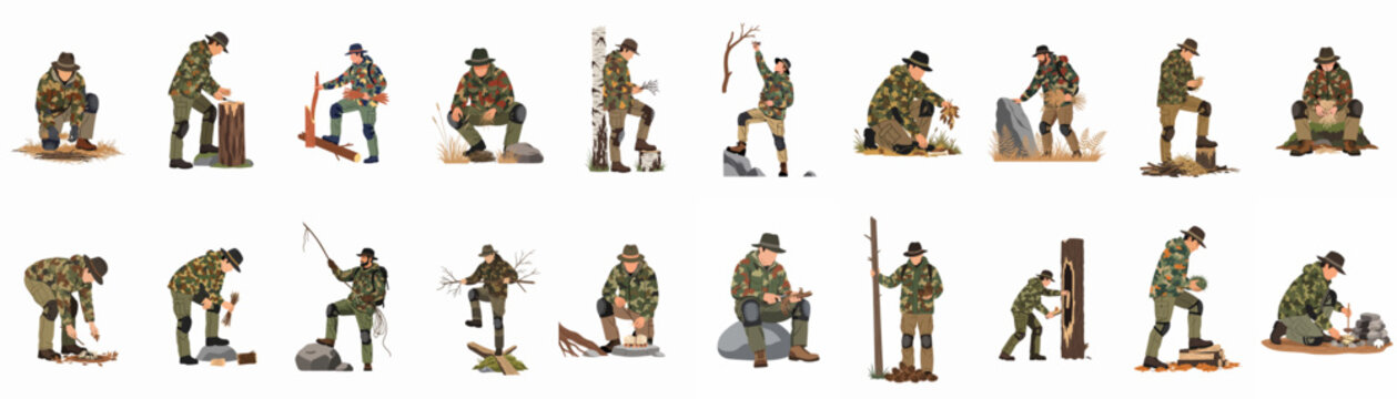 Vector collection of survivalist characters in camouflage gear practicing bushcraft, fire starting, and wood gathering skills in the wilderness, isolated on white.