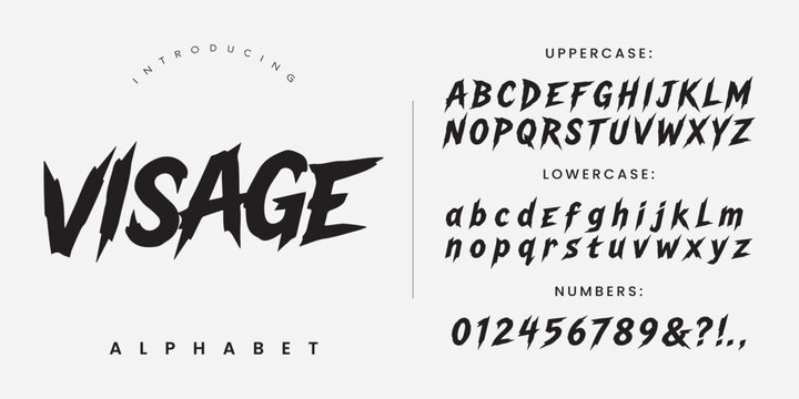 Visage alphabet sharp edgy display font for horror movie title and aggressive gaming logo design