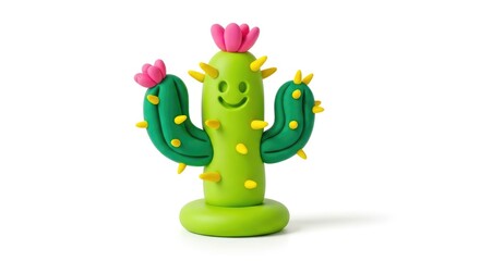 Fototapeta premium Cute Colorful Clay Cactus Figurine Smiling on White Background