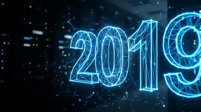 Digital 2019 numerals against a blurred data center background