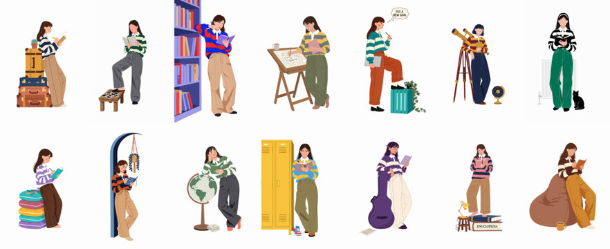 Flat vector illustrations set of a young woman student engaged in various hobbies, including reading, writing, drawing, and studying in different settings.