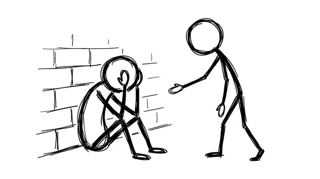 Stick figure illustration of a person helping another person up from a seated position against a brick wall