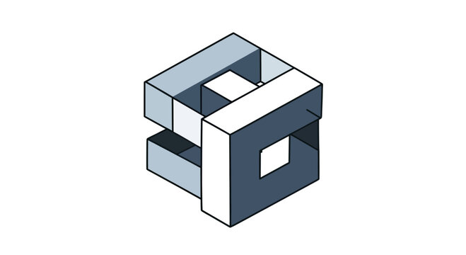 Isometric, impossible cube construction with blue and grey geometric shapes