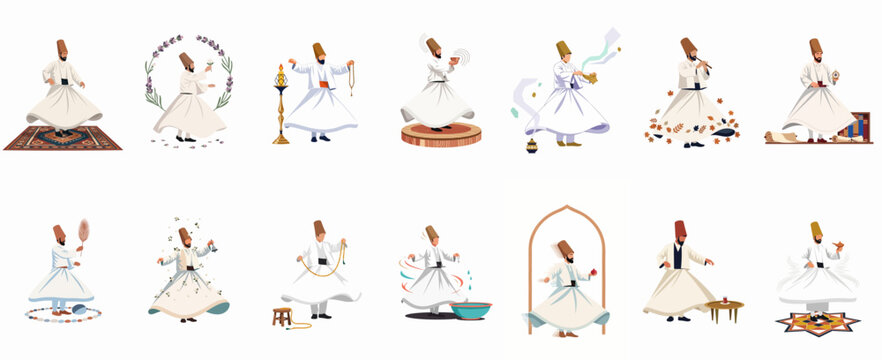 Set of Minimalist Flat Vector Illustrations Depicting Sufi Whirling Dervishes in Various Spiritual and Cultural Contexts on a White Background