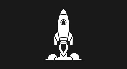 White stylized rocket launching with exhaust plumes against black © NAFAS KUDA