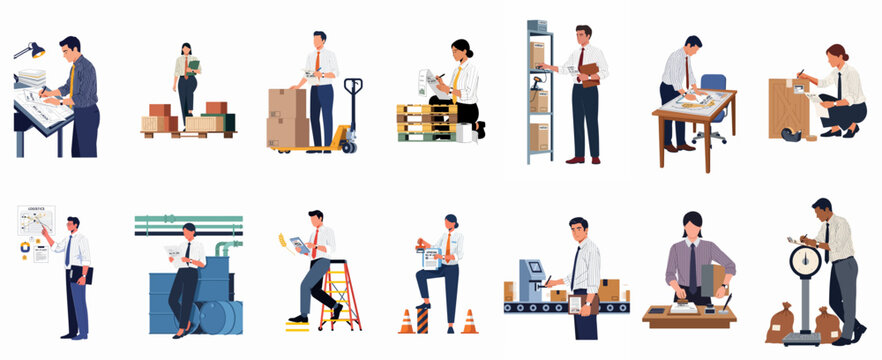Set of diverse logistics and warehouse professionals performing various supply chain tasks including inventory management, shipping, weighing, and administrative documentation.