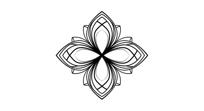 Intricate black linework forms a symmetrical, layered geometric flower-like emblem