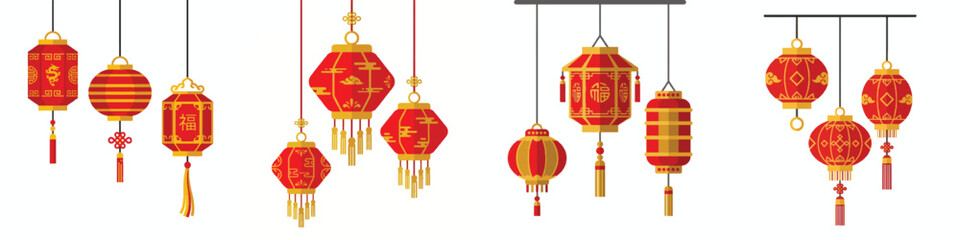 Flat design illustration of three traditional Chinese lanterns hanging at different heights, vibrant red and gold colors, simple geometric shapes, no outlines, plain white background. © youland