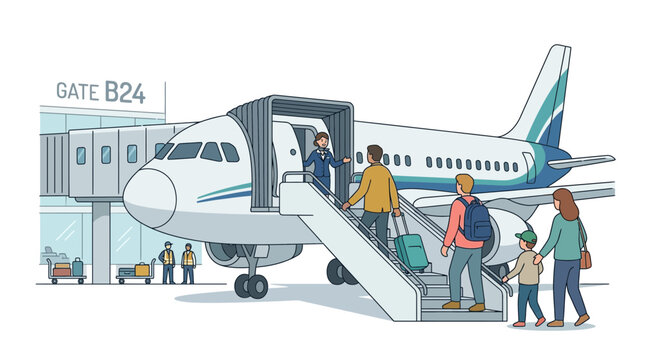 Passengers boarding airplane at airport gate B24