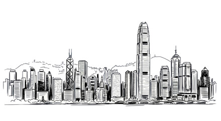 Fototapeta premium Hong Kong Skyline Sketch - Modern City Architecture Drawing