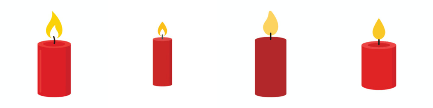 A simple cylindrical red candle with a yellow flame, flat design, minimalist vector, no outline, plain white background.