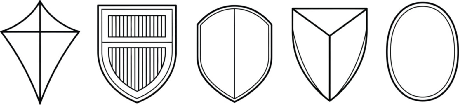 Five heraldic shield shapes isolated on transparent background