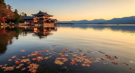 Fototapeta premium Serene lake scene with pagoda and lotus.
