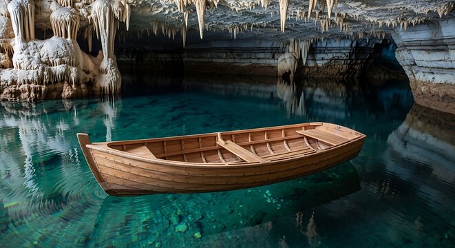 Wooden boat in a cave lake.