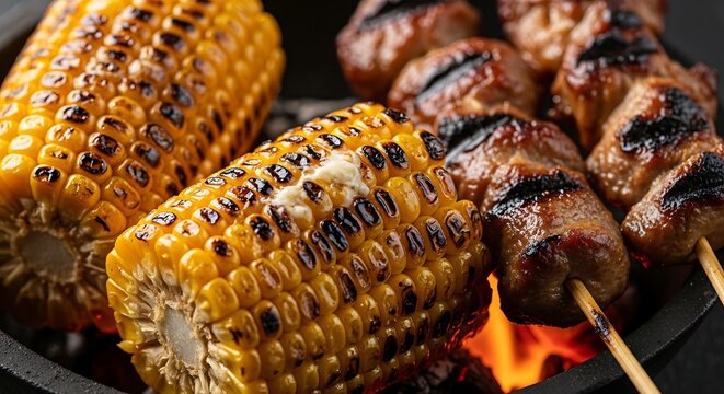 Grilled corn on the cob and meat.