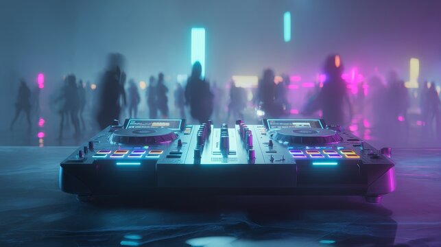 Futuristic DJ setup with mixer and turntables in neon-lit 80s style club, glowing controls, vibrant electric blue, magenta, purple, and cyan lights, energetic cinematic atmosphere