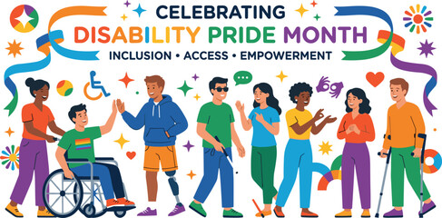 Celebrating Disability Pride Month Banner with Diverse People Promoting Inclusion Access and Empowerment Vector Illustration Set © MDRIFAT