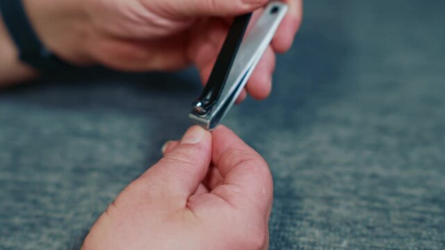 Man trimming fingernail with metal clipper during home grooming showing personal hygiene routine and careful hand care process for healthy clean nails