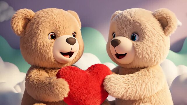 Two teddy bears hold a heart in a whimsical cloudy scene