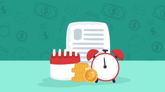 Tax and time management concept animation with business document calendar alarm clock and coins.