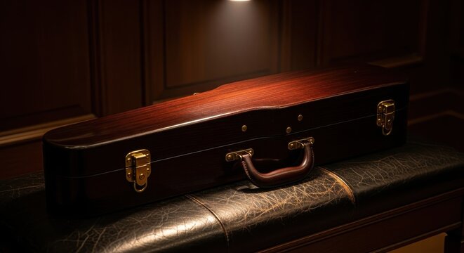 Antique dark lacquered wood violin case with brass hardware resting on leather