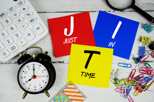 JIT Just In Time text phrase of business and financial concept