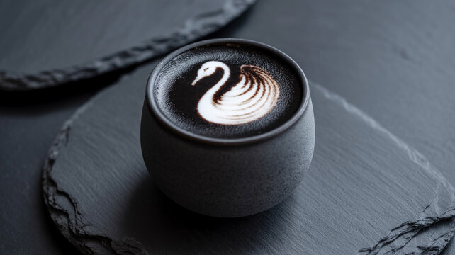 Aktivkohle-Latte mit wei&szlig;em Schwan-Muster in schwarzer Keramik