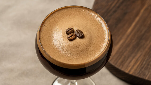 Nahaufnahme Schaumkrone von Kaffeecocktail mit Bohnen