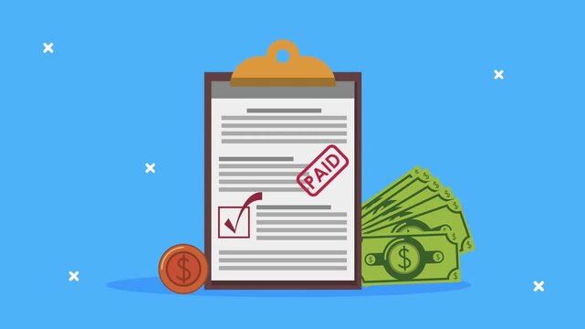 Paid invoice on clipboard with money and coin, representing payment confirmation and financial transaction.