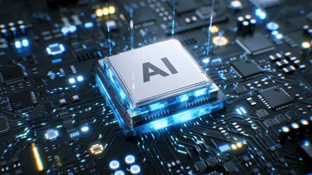 Technology AI chip circuit, high tech AI chip connected to circuit board animation, high-tech CPU connected to motherboard animation, 3D technology chip powered on to generate current and data flow.