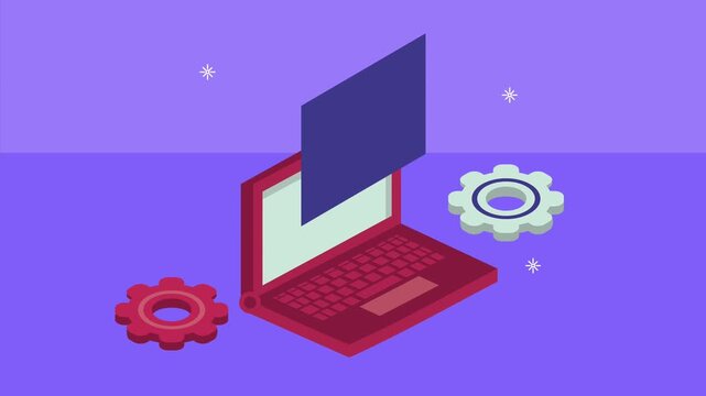 Isometric software development animation with laptop computer and programming code interface on purple background.