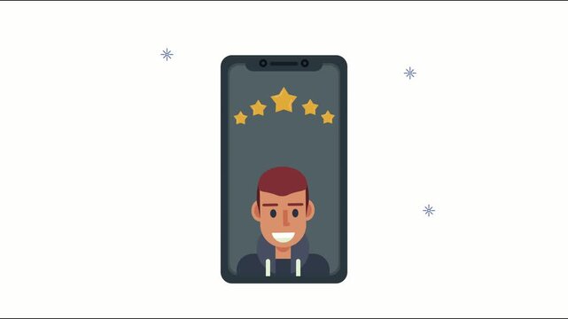 Male avatar with five star rating animation on smartphone screen representing customer feedback and service satisfaction.