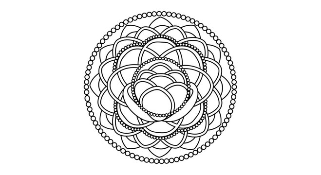Intricate black and white mandala design with concentric circles and bead patterns