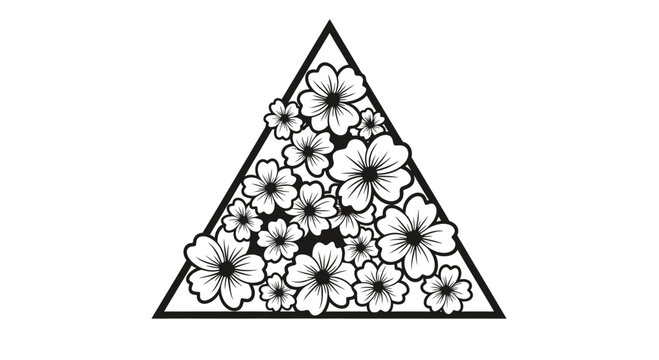 Black silhouette of a triangle filled with various flower designs