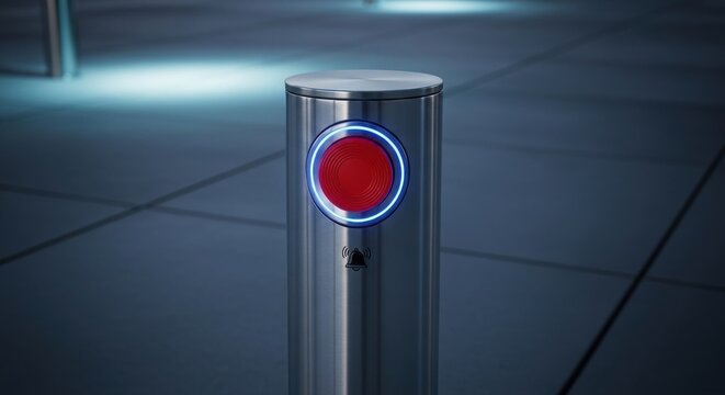 Sleek stainless steel bollard with illuminated red button and blue ring light for urban security