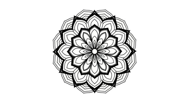 Intricate black and white abstract flower mandala pattern with layered petals