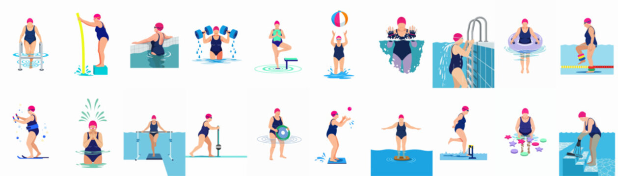 Set of Illustrations Featuring a Senior Woman Performing Various Water Aerobics Exercises and Swimming Pool Activities for Health and Fitness.
