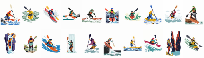 Collection of Flat Vector Illustrations Featuring Adventurous Kayakers Navigating Rapids, Waterfalls, and High Waves in Extreme Whitewater Conditions. © Asep
