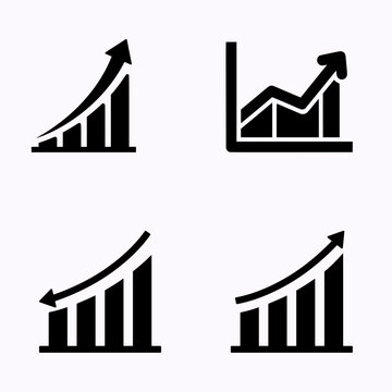 Four black and white business graph icons depicting upward growth and statistical analysis. These clean vector graphics are ideal for financial reports, business presentations, and data visualization.