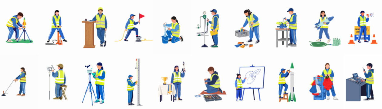 Set of diverse children and teenagers in safety vests participating in various STEM education activities, including model rocket building, launching, and meteorology.