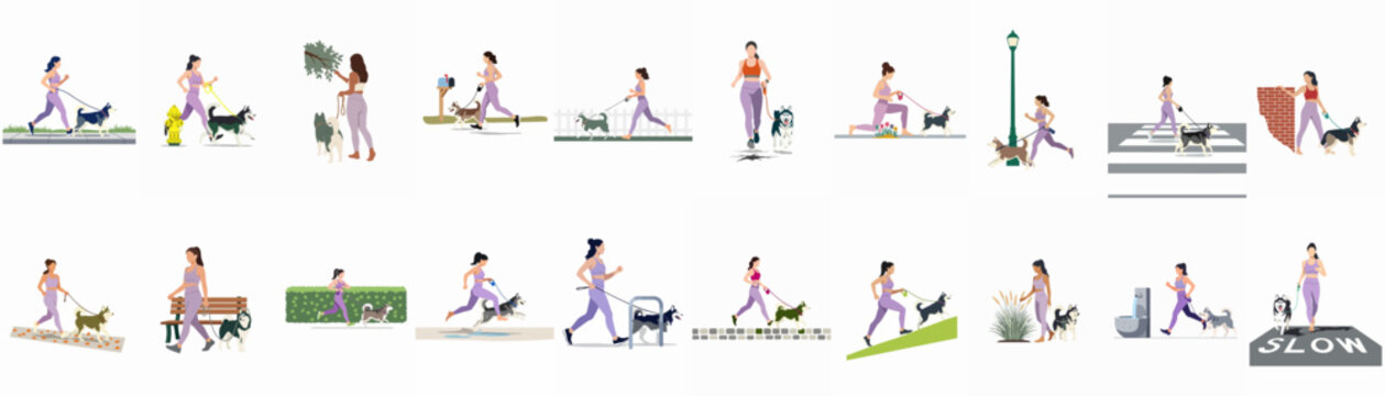 A flat vector illustration set of a woman in purple sportswear jogging, walking, and exercising with her husky dog in various outdoor locations.