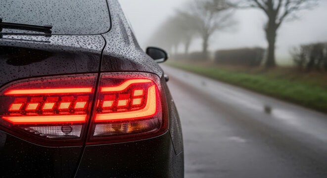 Rear view of a modern dark car featuring bright illuminated red tail lights on a wet road during foggy weather