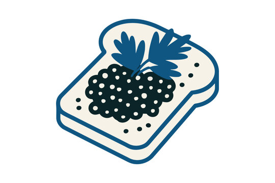 Flat of white bread slice topped with black caviar and blue parsley garnish