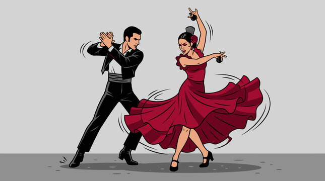 Traditional Spanish flamenco performance with male and female dancers in pop art style, isolated on grey background.
