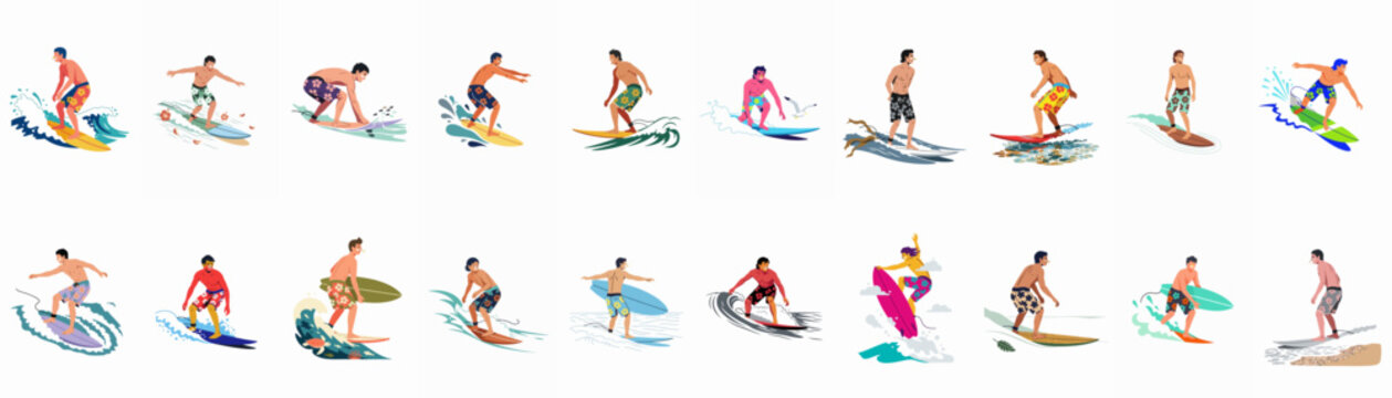 Large collection of diverse male surfers riding ocean waves on colorful surfboards, flat vector illustrations isolated for summer beach sports designs.