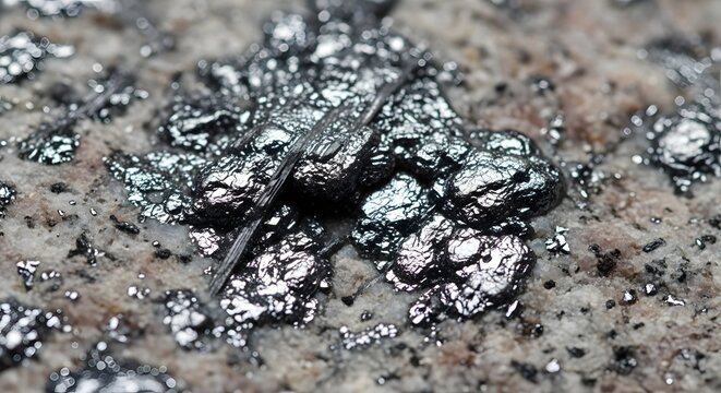 Close up of raw silver metallic mineral ore texture