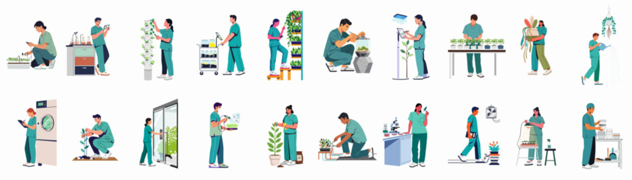 Set of flat illustrations showing botanists and lab technicians in scrubs working in a modern indoor farm and plant research laboratory.