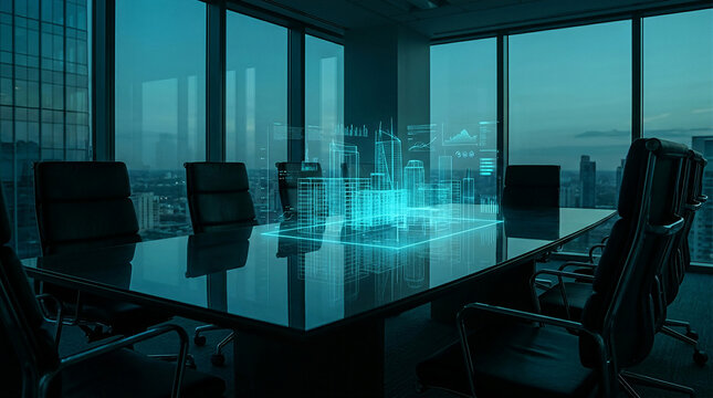 Dark Glass Conference Table Projecting Glowing Cyan Architectural Blueprint
